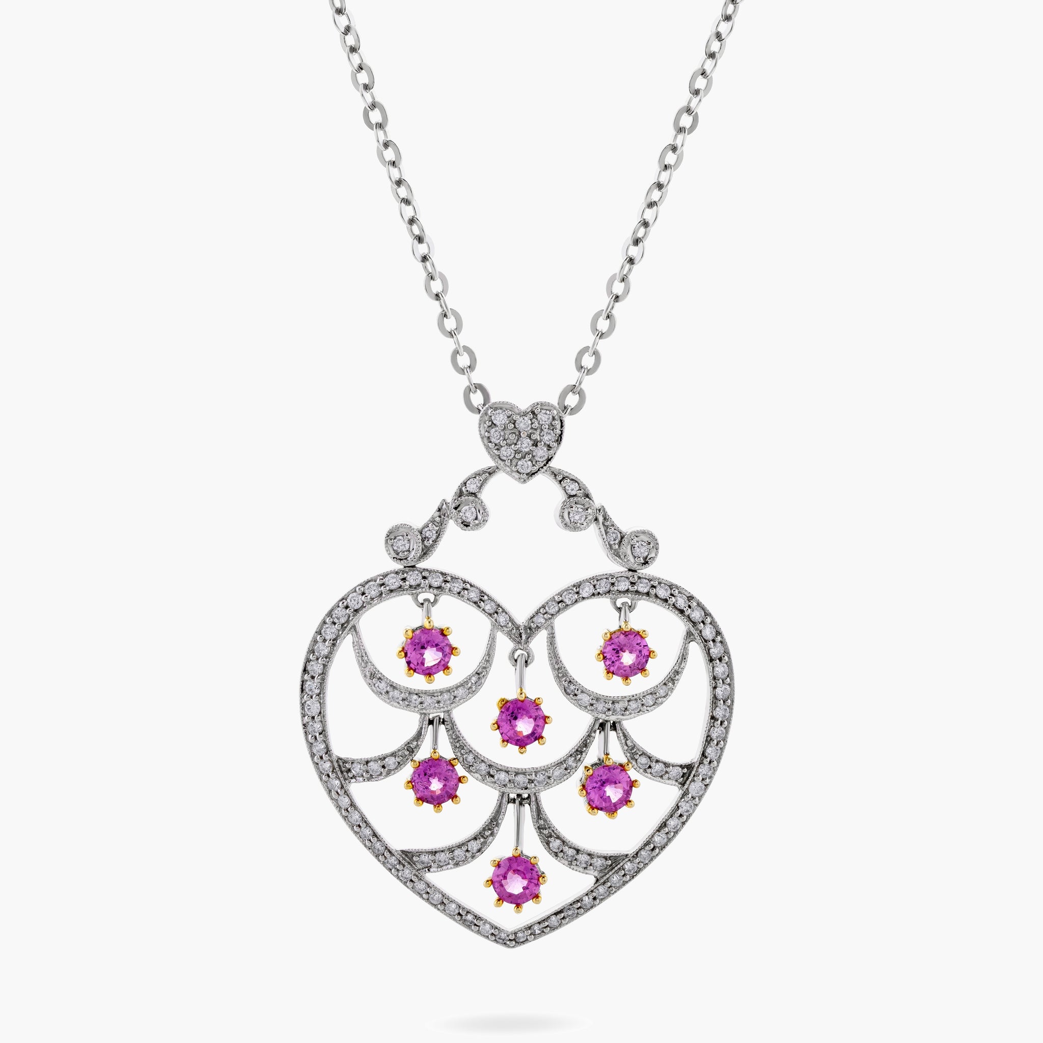 Fancy pink sapphire & diamond heart pendant