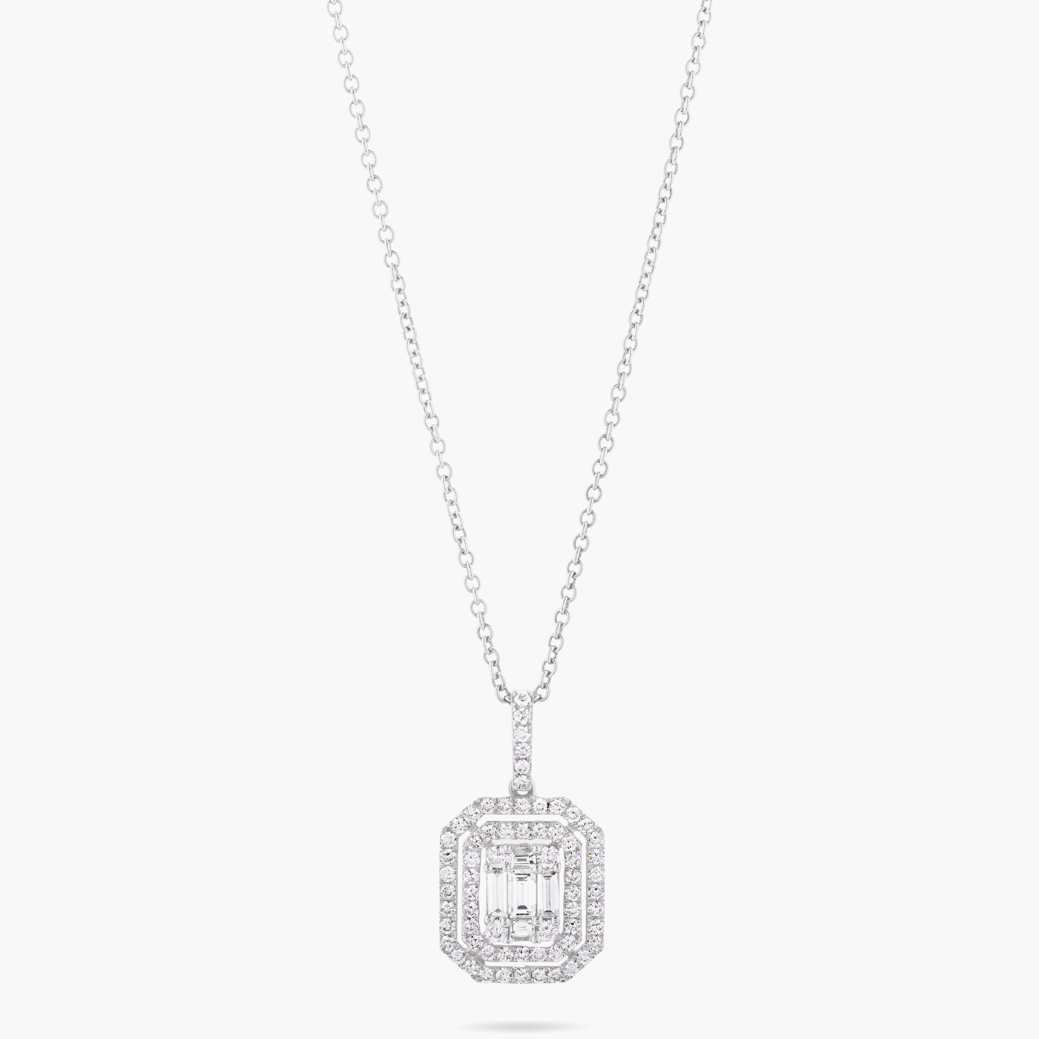 Baguette centre w round diamond double frame pendant