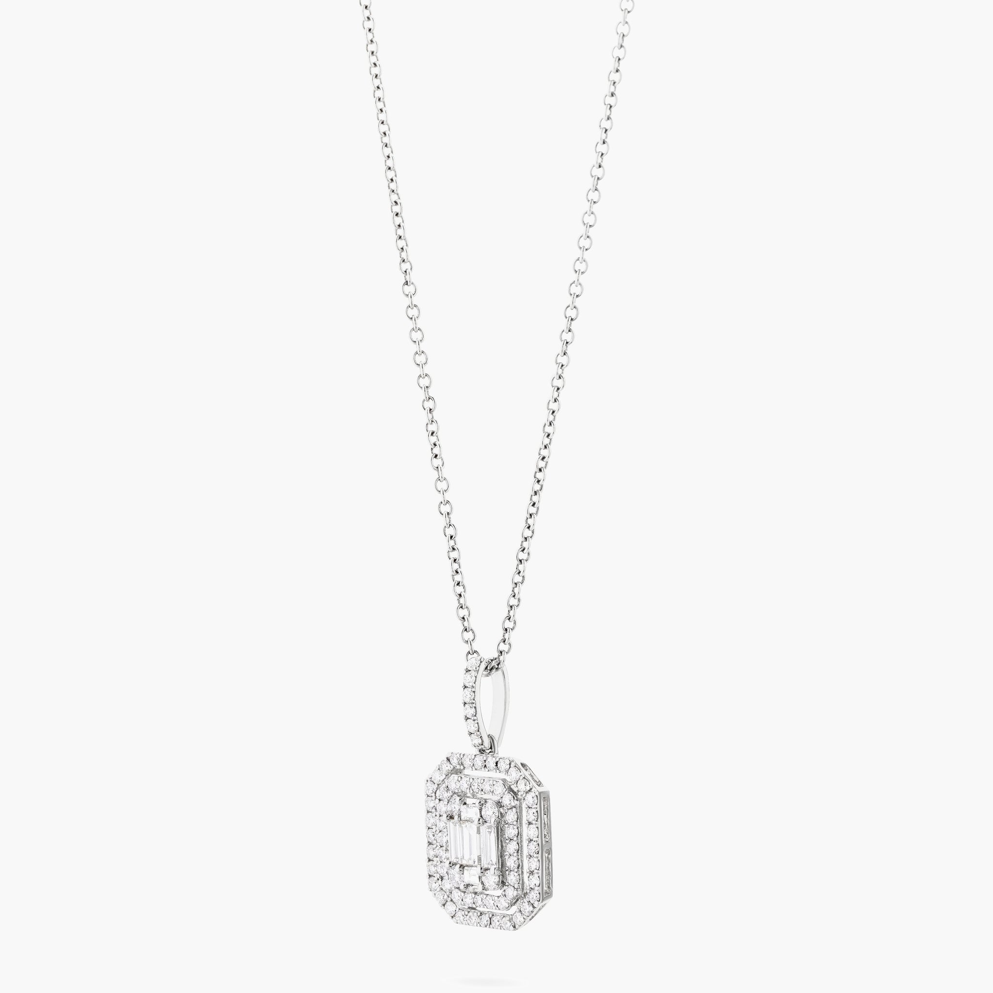 Baguette centre w round diamond double frame pendant