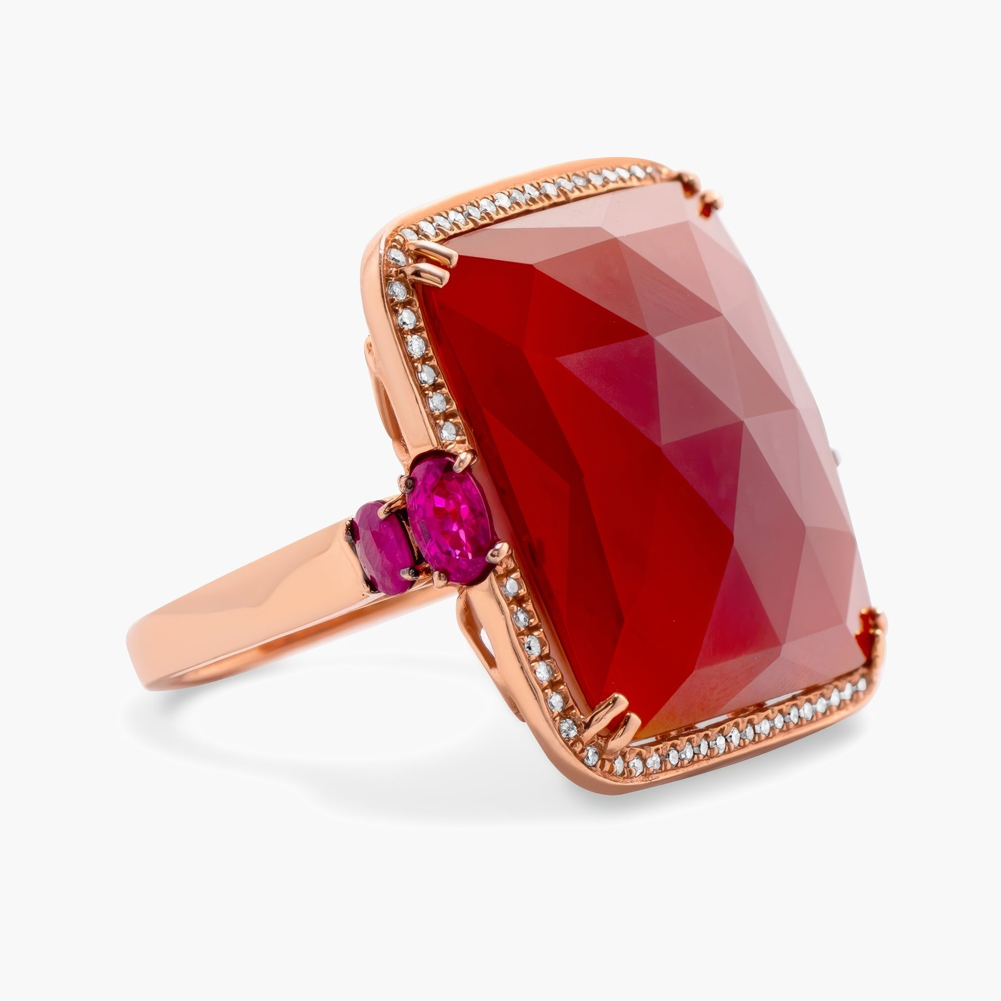 Orangey brown agate, ruby and diamond ring