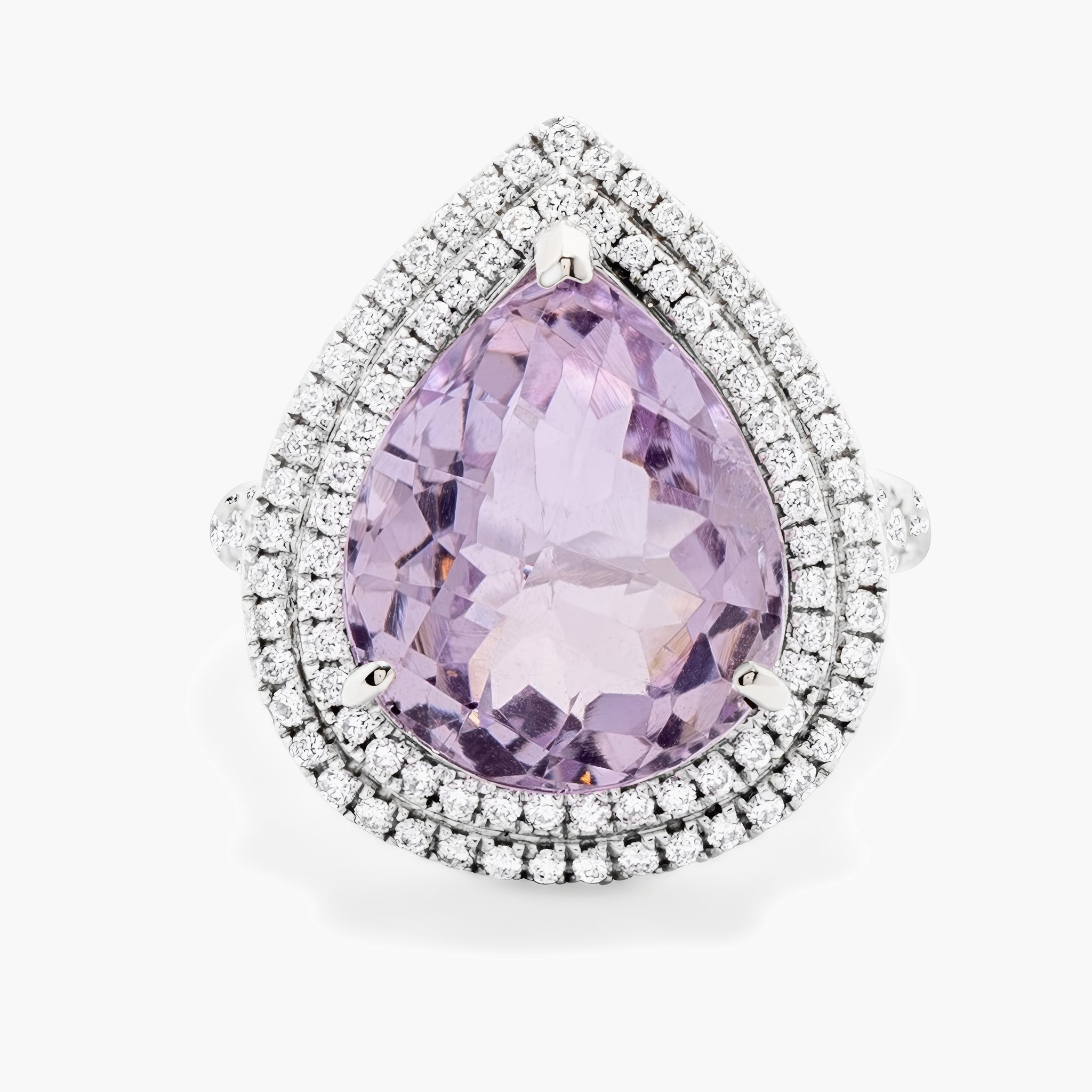 Pear amethyst in double halo ring mount