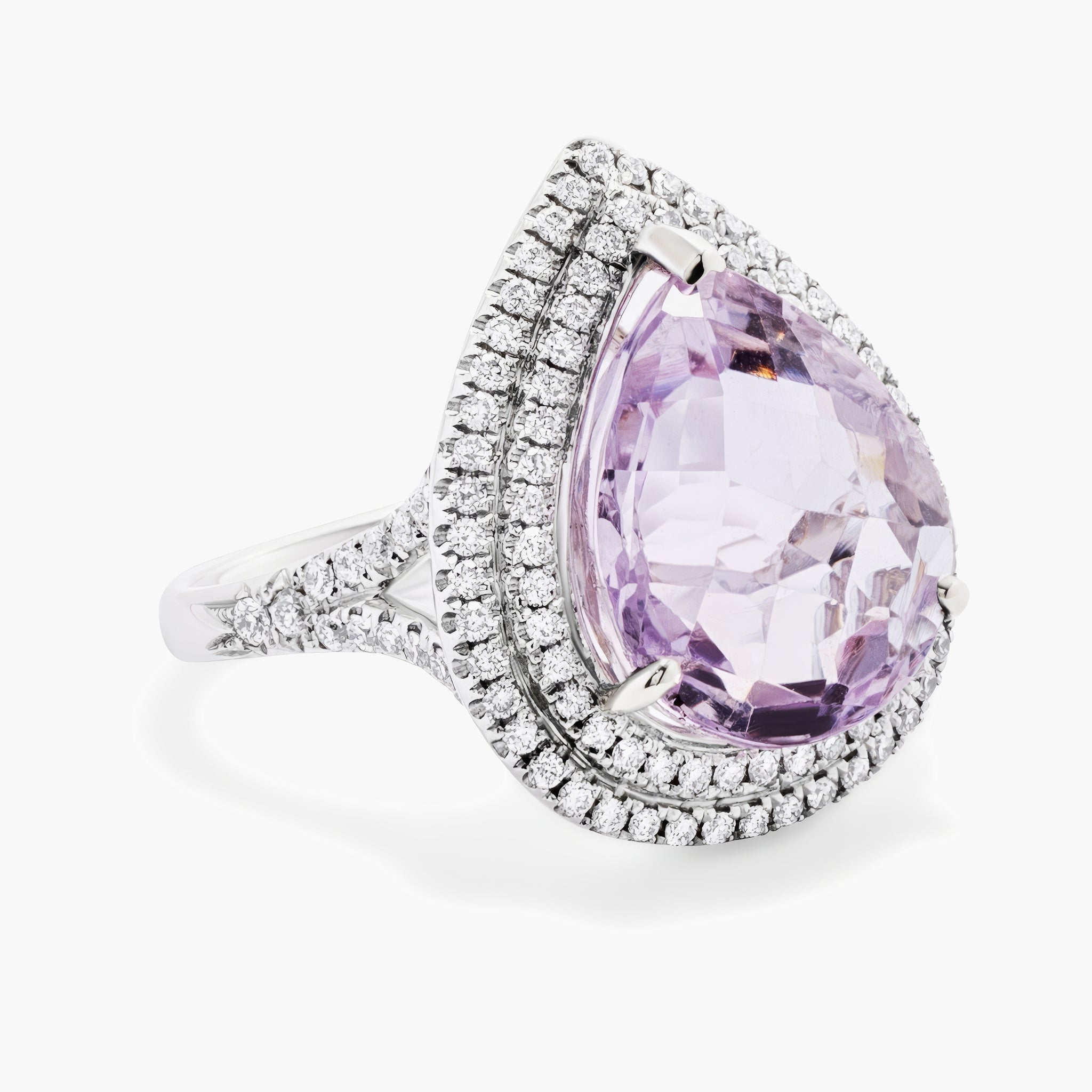 Pear amethyst in double halo ring mount