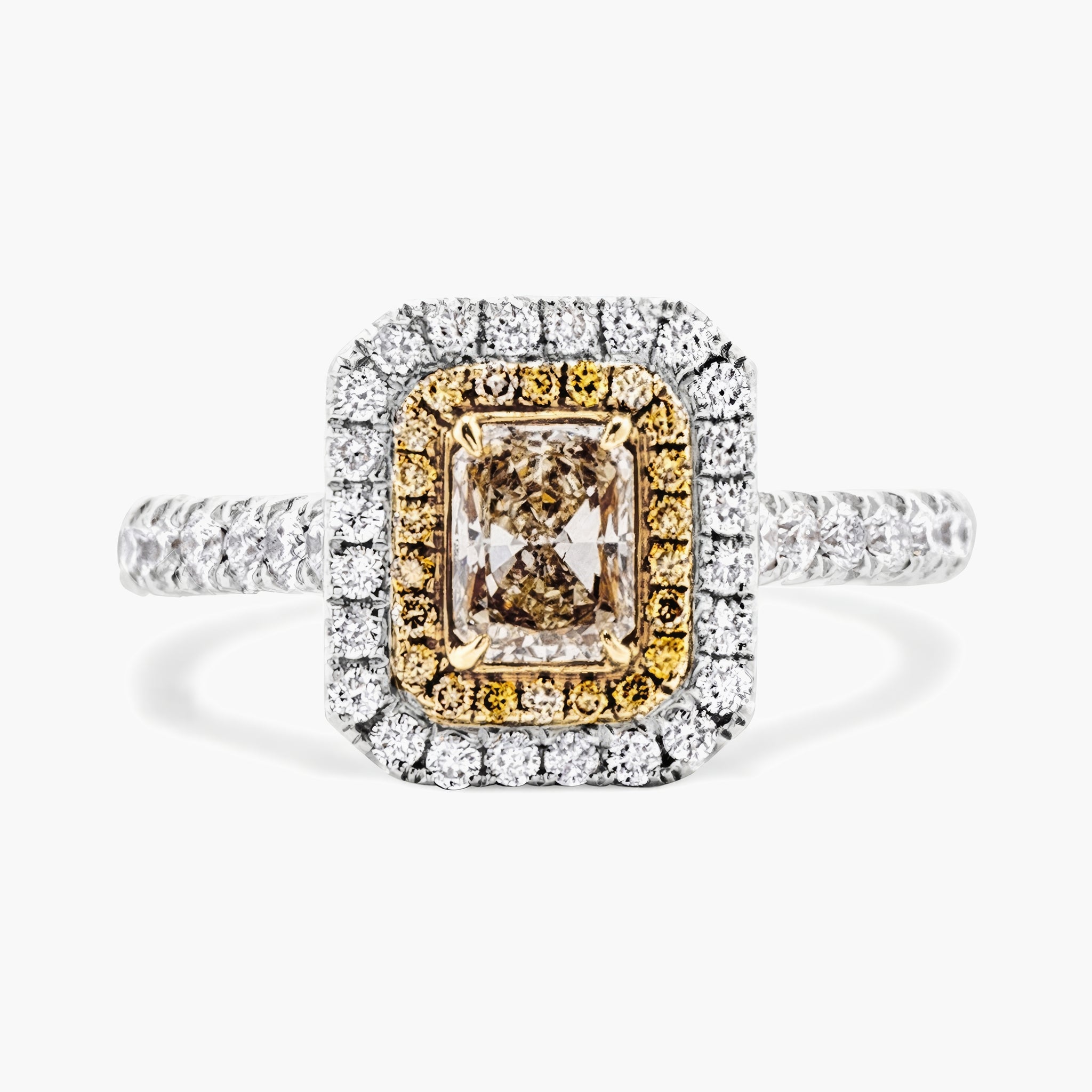 Fancy yellow radiant cut w yellow & white diamond halo