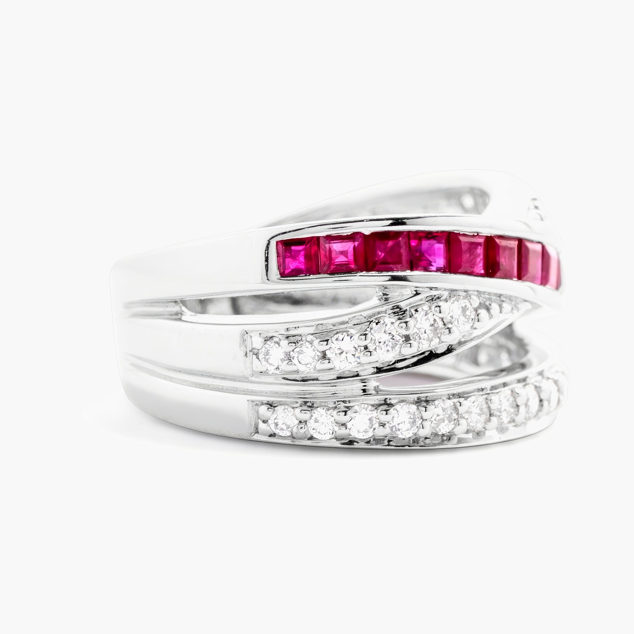 Ruby and diamond crossover ring