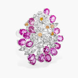 Pink sapphire, yellow/white diamond ring